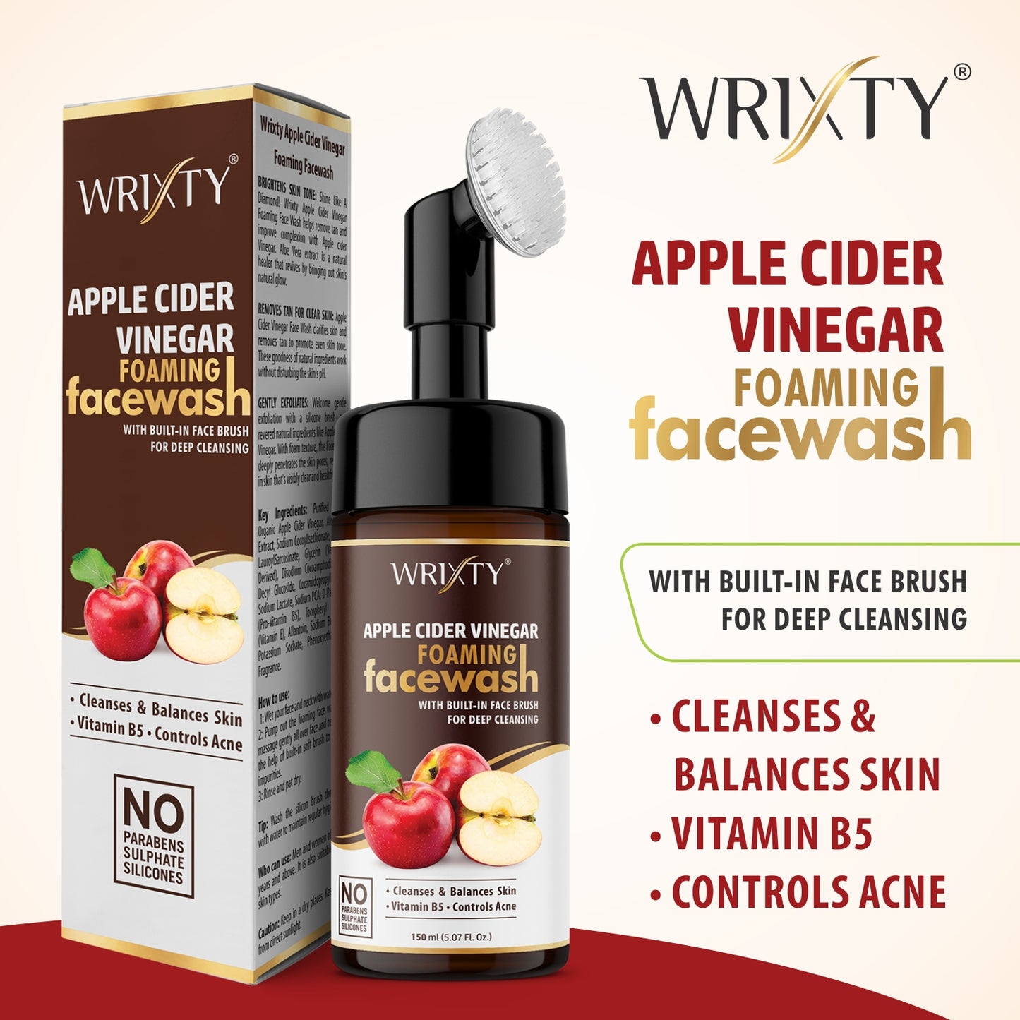 Wrixty Organic Apple Cider Vinegar For Oil Control, Balances Skin ph - No Parabens, Sulphate, Silicones,, ACV Foaming with Brush for Deep Cleansing . Face Wash (150 ml)