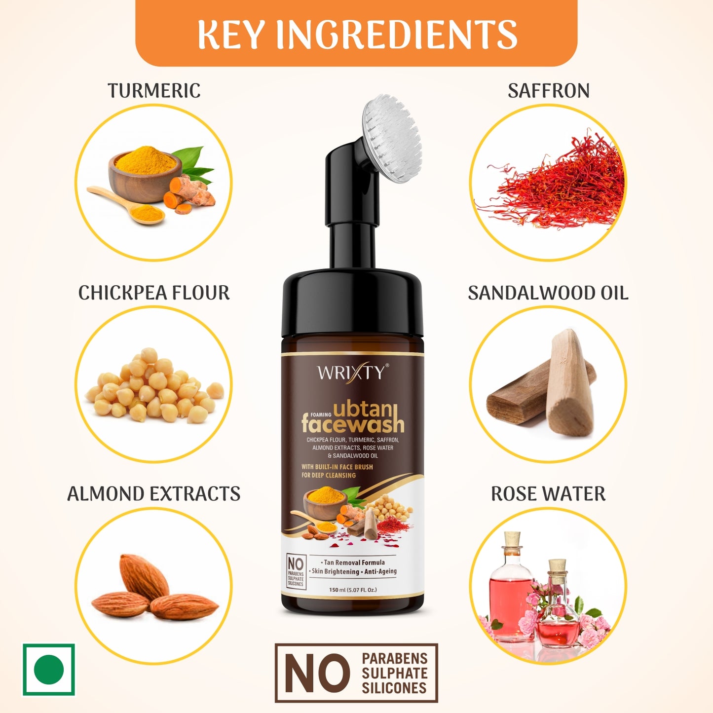 Ubtan Foaming Face Wash | Built in Brush for Deep Cleansing | Turmeric & Saffron | All Skin Types | Bright, Clear Skin | Paraben & Sulphates Free| Face Wash for Women & Men