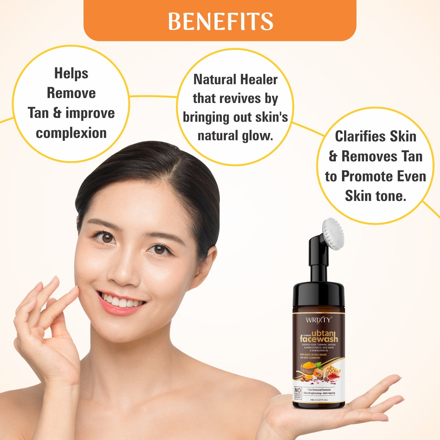 Ubtan Foaming Face Wash | Built in Brush for Deep Cleansing | Turmeric & Saffron | All Skin Types | Bright, Clear Skin | Paraben & Sulphates Free| Face Wash for Women & Men