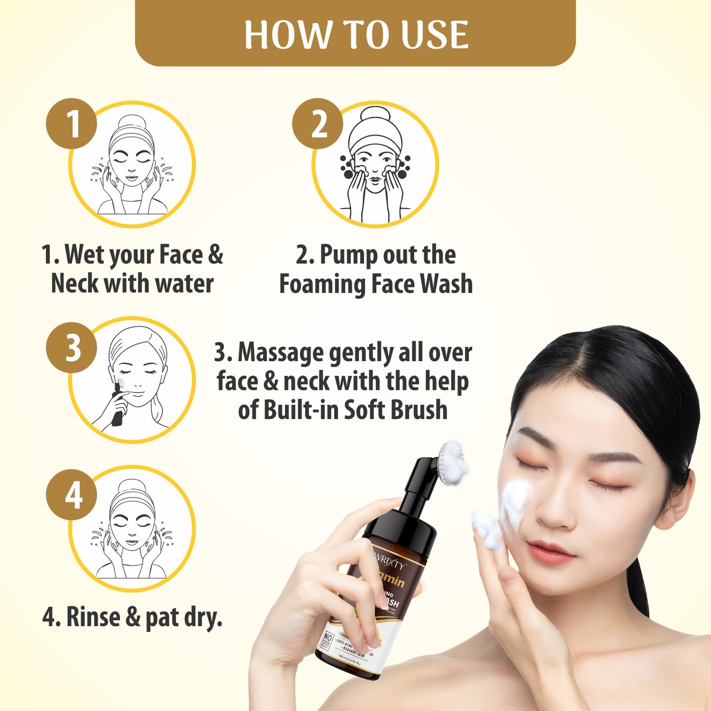 Brightening Vitamin C Foaming Face Wash | Built in Brush for Deep Cleansing | All Skin Type | Glowing Bright Skin | Paraben & Sulphates Free | Face Wash for Women & Men |