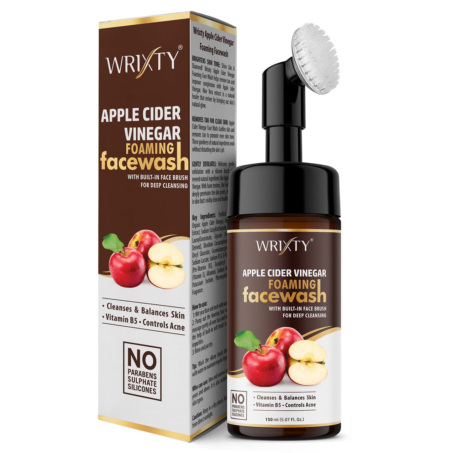Wrixty Organic Apple Cider Vinegar For Oil Control, Balances Skin ph - No Parabens, Sulphate, Silicones,, ACV Foaming with Brush for Deep Cleansing . Face Wash (150 ml)