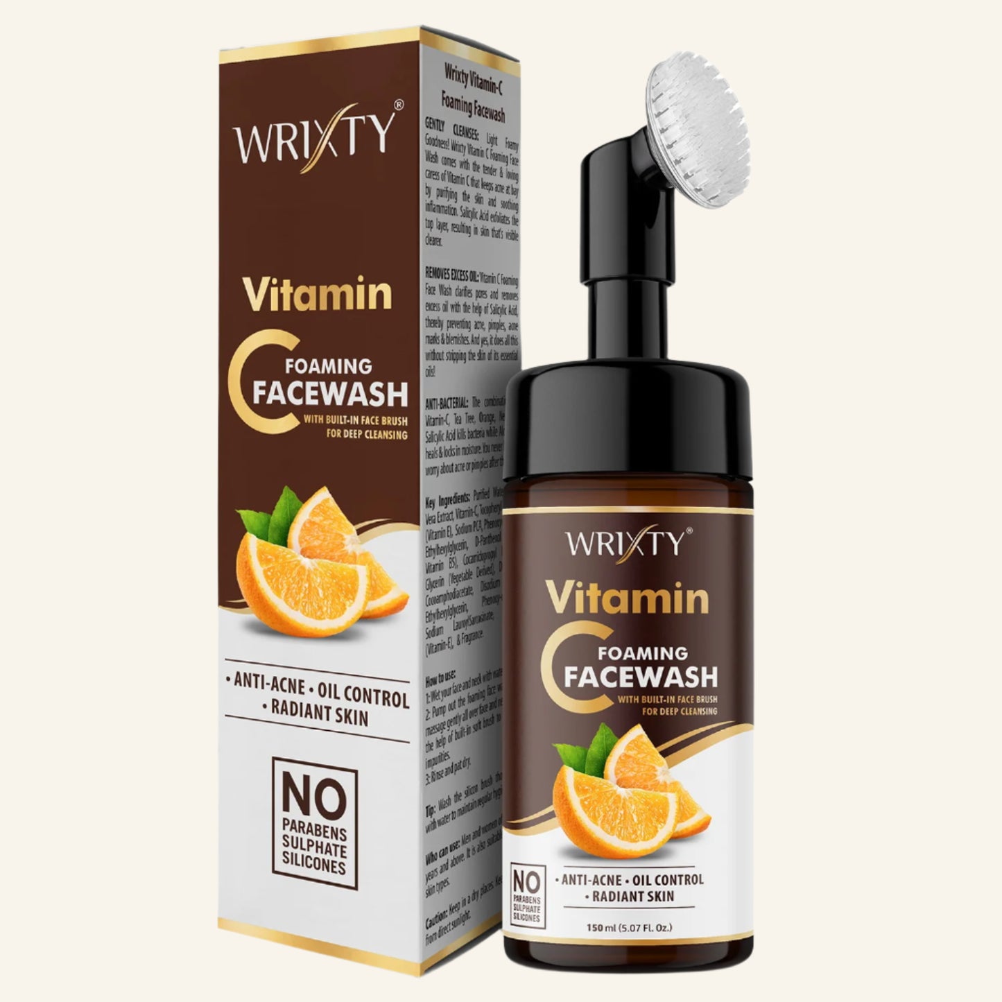 Brightening Vitamin C Foaming Face Wash | Built in Brush for Deep Cleansing | All Skin Type | Glowing Bright Skin | Paraben & Sulphates Free | Face Wash for Women & Men |