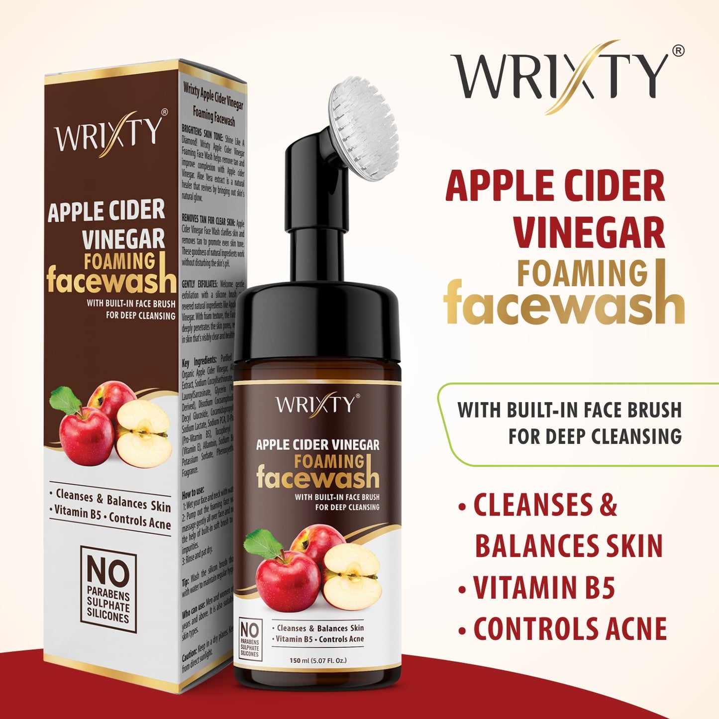 Wrixty Organic Apple Cider Vinegar For Oil Control, Balances Skin ph - No Parabens, Sulphate, Silicones,, ACV Foaming with Brush for Deep Cleansing . Face Wash  (150 ml)