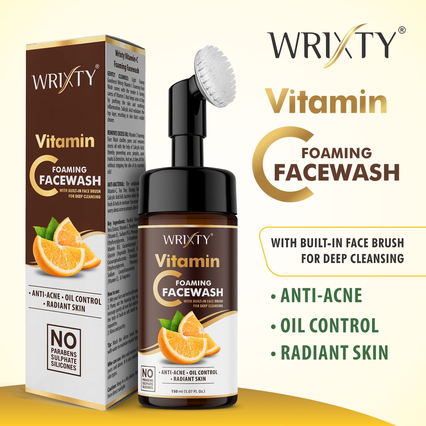 Brightening Vitamin C Foaming Face Wash | Built in Brush for Deep Cleansing | All Skin Type | Glowing Bright Skin | Paraben & Sulphates Free | Face Wash for Women & Men |