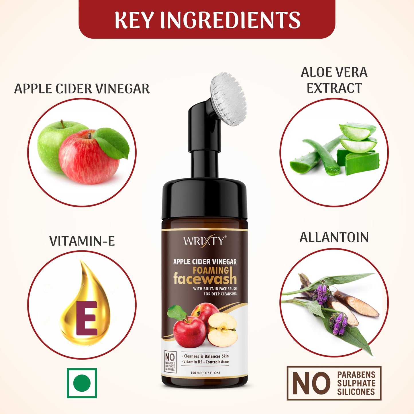 Wrixty Organic Apple Cider Vinegar For Oil Control, Balances Skin ph - No Parabens, Sulphate, Silicones,, ACV Foaming with Brush for Deep Cleansing . Face Wash  (150 ml)
