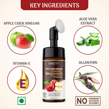 Wrixty Organic Apple Cider Vinegar For Oil Control, Balances Skin ph - No Parabens, Sulphate, Silicones,, ACV Foaming with Brush for Deep Cleansing . Face Wash  (150 ml)