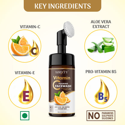 Brightening Vitamin C Foaming Face Wash | Built in Brush for Deep Cleansing | All Skin Type | Glowing Bright Skin | Paraben & Sulphates Free | Face Wash for Women & Men |