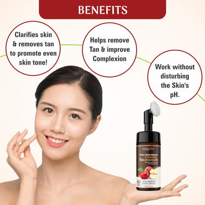 Wrixty Organic Apple Cider Vinegar For Oil Control, Balances Skin ph - No Parabens, Sulphate, Silicones,, ACV Foaming with Brush for Deep Cleansing . Face Wash  (150 ml)
