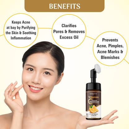 Brightening Vitamin C Foaming Face Wash | Built in Brush for Deep Cleansing | All Skin Type | Glowing Bright Skin | Paraben & Sulphates Free | Face Wash for Women & Men |