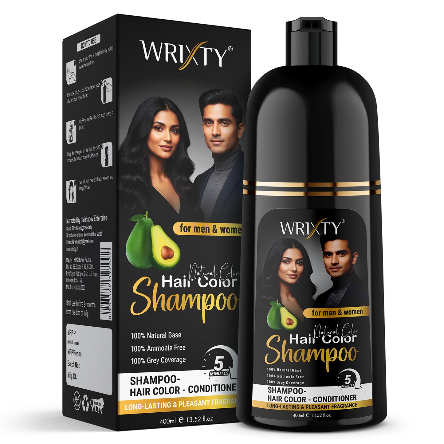 Natural Balck Hair Color Shampoo | NO PPD, Ammonia & Paraben Free | Colours Hair in 10 Minutes | Herbal Extracts | Long Lasting | 400 ml Pump Pack | For Men & Women