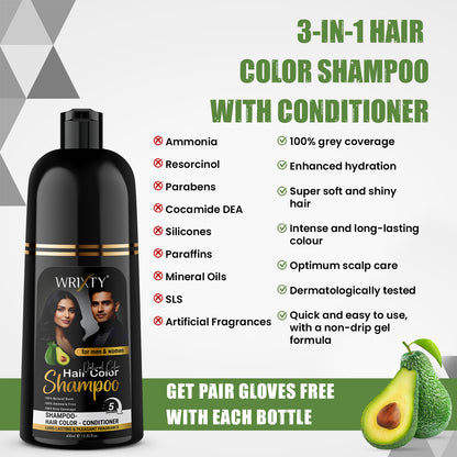 Natural Balck Hair Color Shampoo | NO PPD, Ammonia & Paraben Free | Colours Hair in 10 Minutes | Herbal Extracts | Long Lasting | 400 ml Pump Pack | For Men & Women
