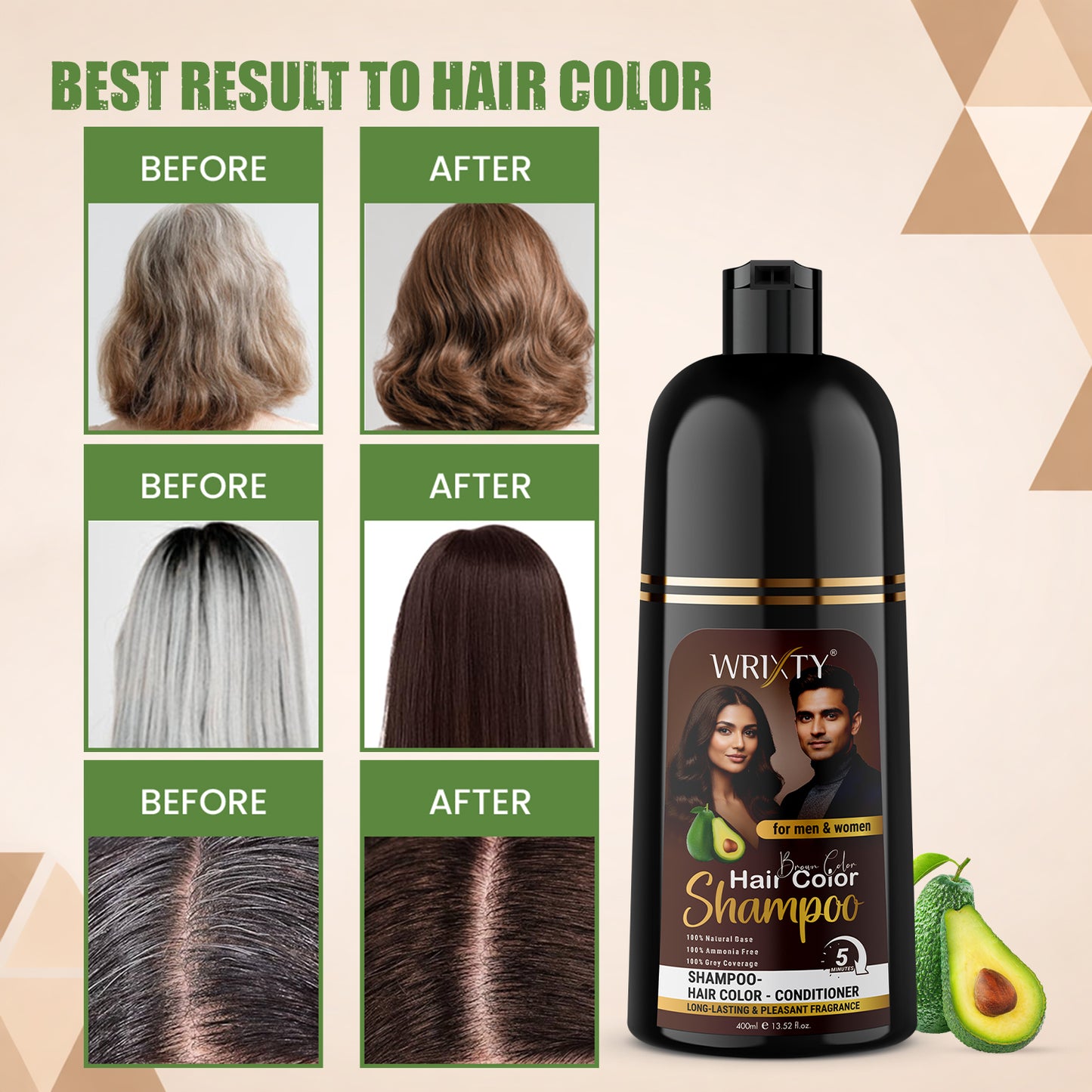 Brown Hair Color Shampoo | NO PPD, Ammonia & Paraben Free | Colours Hair in 10 Minutes | Herbal Extracts | Long Lasting | 400 ml Pump Pack | For Men & Women