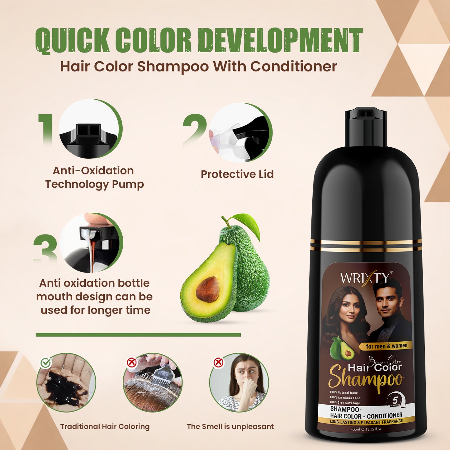 Brown Hair Color Shampoo | NO PPD, Ammonia & Paraben Free | Colours Hair in 10 Minutes | Herbal Extracts | Long Lasting | 400 ml Pump Pack | For Men & Women