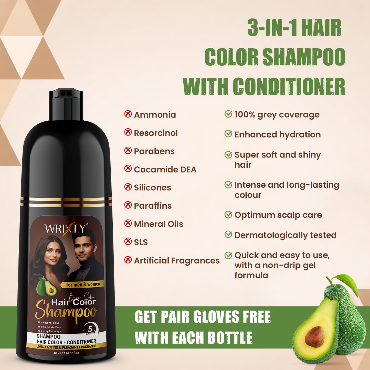Brown Hair Color Shampoo | NO PPD, Ammonia & Paraben Free | Colours Hair in 10 Minutes | Herbal Extracts | Long Lasting | 400 ml Pump Pack | For Men & Women