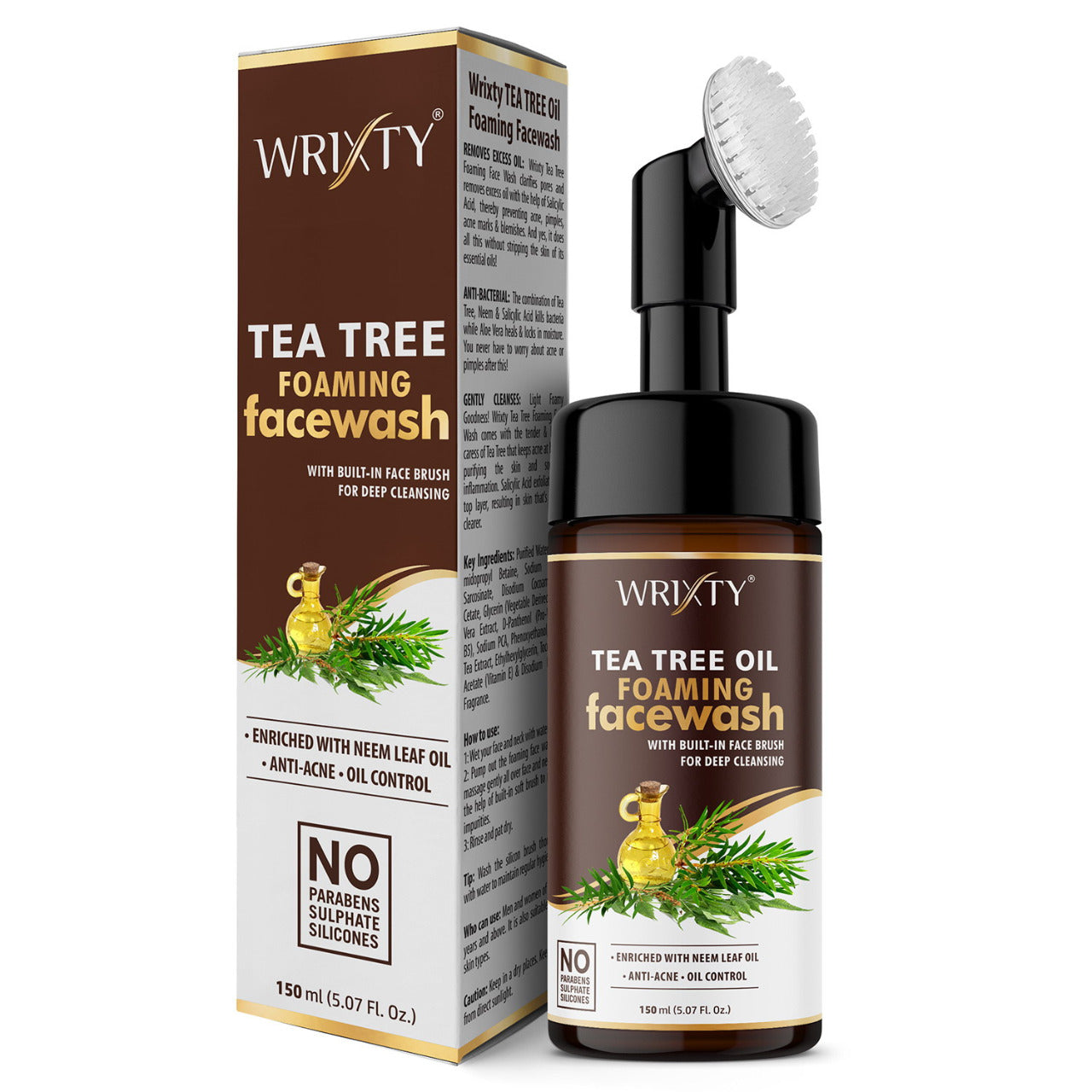 Tea - Tree Foaming Face Wash with Built-In Face Brush For Deep Cleasing | Enriched with Neem Leaf Oil | Acne and Oil Control Face Wash | For Men & Women