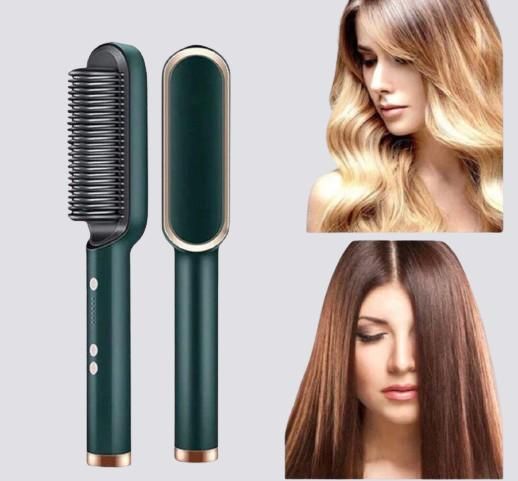 Professional Hair Straightener Tourmaline Ceramic Hair Curler Brush Hair Comb (GREEN)